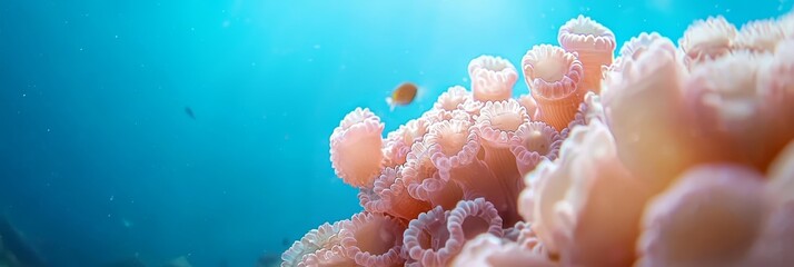  A tight shot of a sea anemone on the ocean floor, surrounded by blue water