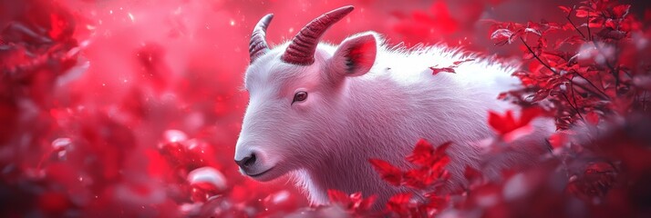 Wall Mural -  A white goat, bearing long horns, stands in a vibrant field of red and white blooms Red leaves adorn the flowers in the foreground