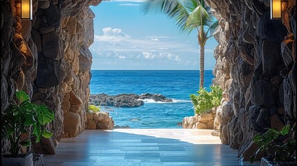 Poster - View between 2 stone walls, access to a hotel lobby with ocean view in the back.