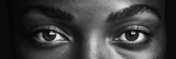 Poster -  A monochrome image of a woman's face, eyes expressively open, against a black backdrop