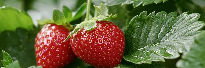 Wall Mural -  A tight shot of two strawberries against a backdrop of verdant leaves, with dewdrops delicately resting atop them