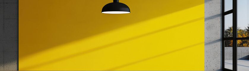 Poster - Modern interior featuring a bright yellow wall illuminated by a stylish lamp, perfect for contemporary design and interior decoration themes.