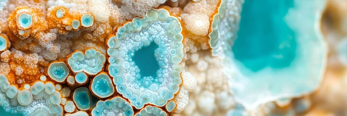 Wall Mural -  A tight shot of a cluster of sea anemones on an orange coral, surrounded by clear blue water in the background