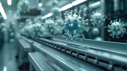 Poster - An advanced, futuristic copy machine in a sterile lab setting, producing glowing viral particles instead of paper. The viruses are small, and they are emerging from the machine in rapid succession.