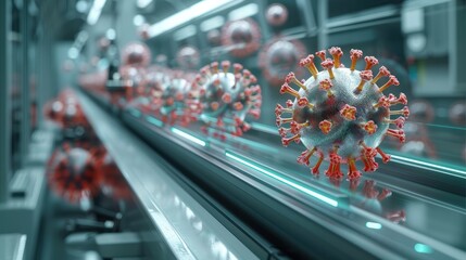Poster - An advanced, futuristic copy machine in a sterile lab setting, producing glowing viral particles instead of paper. The viruses are small, and they are emerging from the machine in rapid succession.
