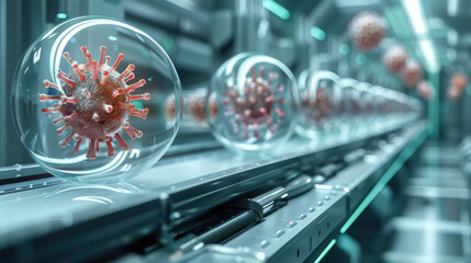 Aufkleber - An advanced, futuristic copy machine in a sterile lab setting, producing glowing viral particles instead of paper. The viruses are small, and they are emerging from the machine in rapid succession.