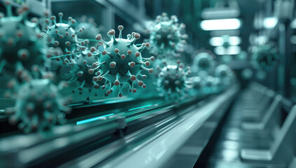 Poster - An advanced, futuristic copy machine in a sterile lab setting, producing glowing viral particles instead of paper. The viruses are small, and they are emerging from the machine in rapid succession.