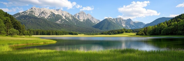 Wall Mural -  A tranquil lake nestled in a verdant meadow, surrounded by lush grass Mountains distant form a picturesque backdrop