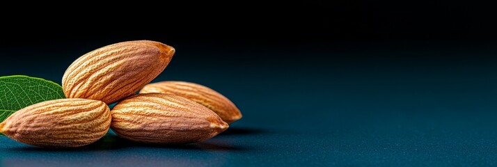 Wall Mural -  A blue surface holds a stack of almonds topped by a solitary green leaf