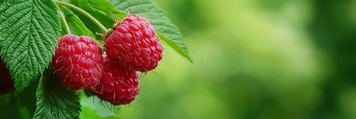 Wall Mural -  Three raspberries dangle from a verdant branch, adorned with water-speckled leaves against a softly blurred backdrop