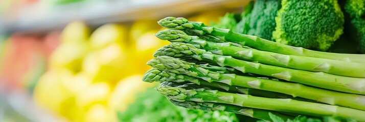 Wall Mural -  A group of asparagus arranged on a grocery store shelf, surrounded by vegetables in the produce section's background