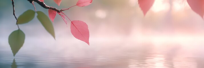  A red-leafed tree branch against a backdrop of a nearby body of water