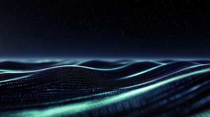 Poster - grainy background. a stunning digital ocean landscape with flowing waves of data, illuminated by a s