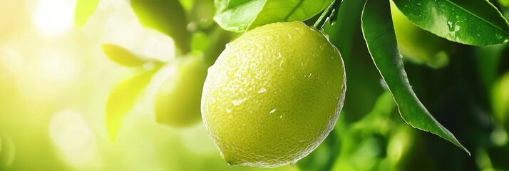 Wall Mural -  A tight shot of a ripe lemon dangling from a tree, its glistening leaves speckled with water droplets against a vibrant green backdrop