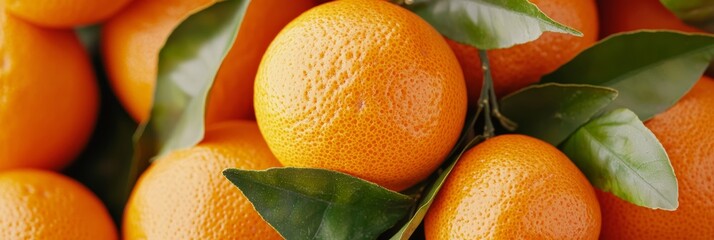 Wall Mural -  A tight shot of an arrangement of oranges, some with green leaves atop