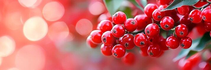 Wall Mural -  A tight shot of red berries clustered on a branch, surrounded by a green leaf – against a softly blurred background