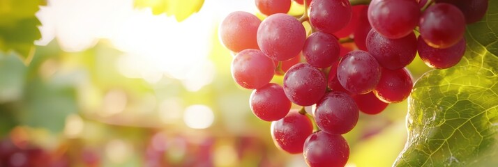 Wall Mural -  A tight shot of grapes bunched on a vine, sunlight filtering through overhanging leaves