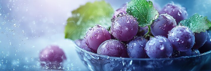 Wall Mural -  A tight shot of grapes in a crystal-clear glass bowl, surrounded by water droplets on the curvaceous glass surface A solitary green leaf peeks out from above