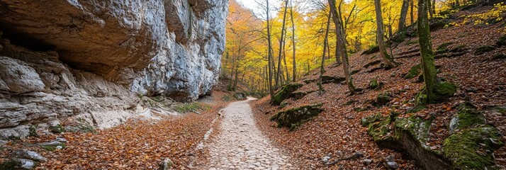 Wall Mural -  A dirt path weaves through a forest densely carpeted with fallen leaves Behind, towers an imposing cliff