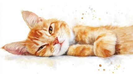  Relaxed Ginger Cat Watercolor Illustration. International Cat Day