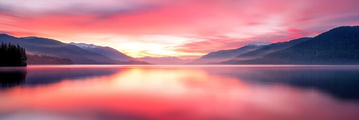  A vast water body lies before a backdrop of towering mountain range, framed by a rosy-pink and baby-blue sky