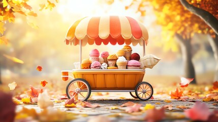 ice cream cart in autumn park scenery