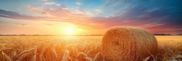 Wall Mural - a solitary bale amidst ripened wheat, sun sinking in the distance