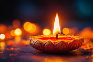 A close up of a single diya glowing warmly with a bright flame, surrounded by soft bokeh lights