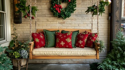 Wall Mural - Festive Porch Swing with Red and Green Pillows