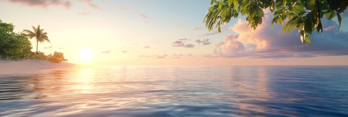 Wall Mural -  The sun sets over the ocean, with a tree silhouetted in the foreground and a beach distant on the other side