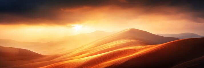 Wall Mural -  The sun radiates brilliantly, illuminating the desert landscape dotted with rolling hills in the foreground and ominous dark clouds looming in the backdrop