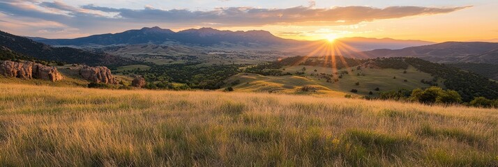 Wall Mural -  The sun sets over mountain ranges, casting long shadows on a grassy field dotted with tall grasses