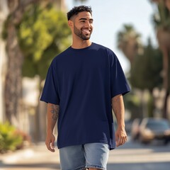 Men navy blue oversized tshirt mockup. Young man model wearing basic crewneck t-shirt mock up. Men's regular shirt,  front view of casual tee, urban lifestyle