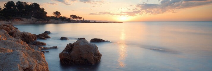 Wall Mural -  A large body of water with rocks in the foreground and a sunset with clouded sky in the background