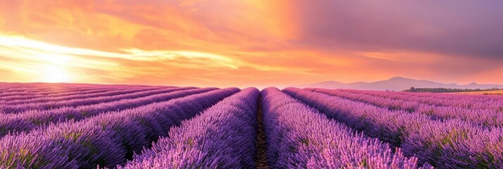 Wall Mural -  A field of lavender flowers with the sun setting behind, mountain range in the distance