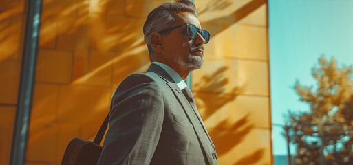 Poster - Man 45-years old, wearing sunglasses, a suit and a briefcase.
