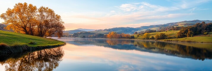 Wall Mural -  A large body of water is surrounded by a lush green hillside on both sides