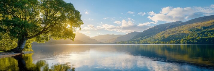 Wall Mural -  A large body of water with a tree in the foreground and a mountain range, covered in clouds, in the background