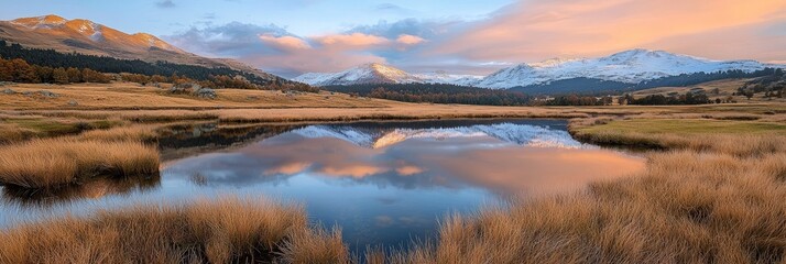 Wall Mural -  A field's center holds a serene lake Behind, a towering mountain ranges with cloud-scattered skies above Grass blankets the land before us