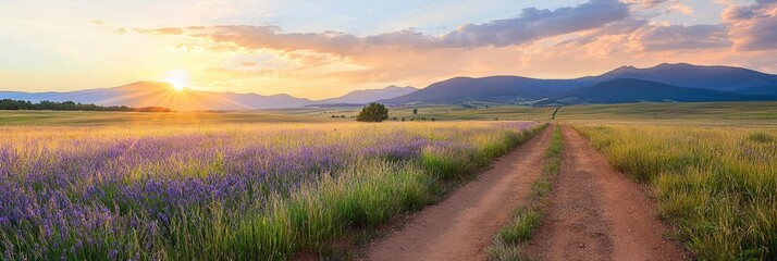 Wall Mural -  A dirt path through a field dotted with purple wildflowers Mountains distant in the background