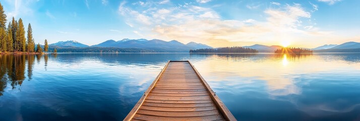 Wall Mural -  A long wooden dock rests atop the lake, bordering a verdant forest beneath a blue, cloud-studded sky