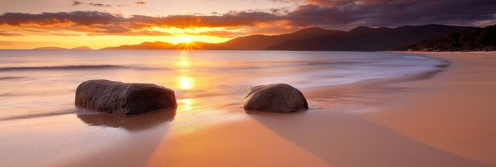 Wall Mural -  Two rocks atop a sandy beach, beside a body of water as the sun sets