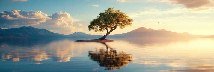  A solitary tree atop a tiny island in a tranquil body of water, backdrop graced by distant mountains