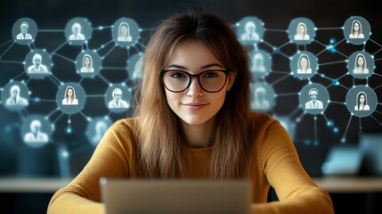 Poster - Young woman with glasses looks at a tablet with a network of people behind her.