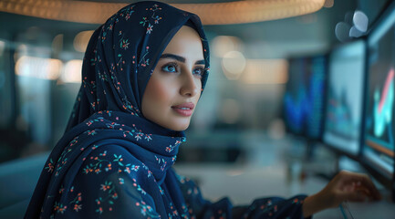 Poster - an Indian business woman sitting at her modern interior office room looking in front of the financial growth holographic, she has black hair and a blue hijab, night lights.