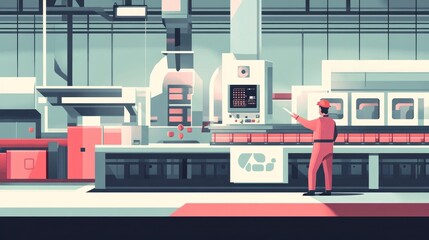Poster - A worker supervising an automated production line, shown in flat design with a 3D render and a tetradic color scheme.
