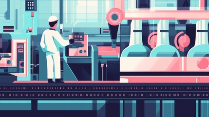 Poster - A worker supervising an automated production line, shown in flat design with a 3D render and a tetradic color scheme.