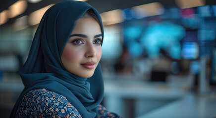 Poster - an Indian business woman sitting at her modern interior office room looking in front of the financial growth holographic, she has black hair and a blue hijab, night lights.