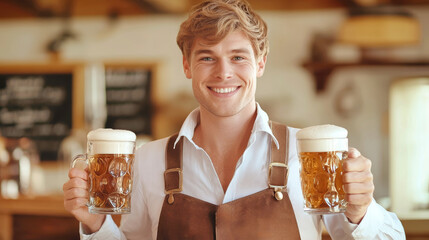 A cheerful young man in traditional Bavarian attire joyfully raises two frothing mugs of beer, embodying the lively spirit of Oktoberfest with a bright smile