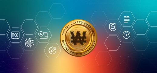 Poster - Korean Won Crypto central bank digital currency money blockchain coin concept futuristic financial technology